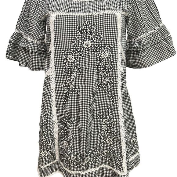 Free People Sunny Day Trapeze Shift Dress Gingham Black Floral Embroidered sz XS - Picture 2 of 9